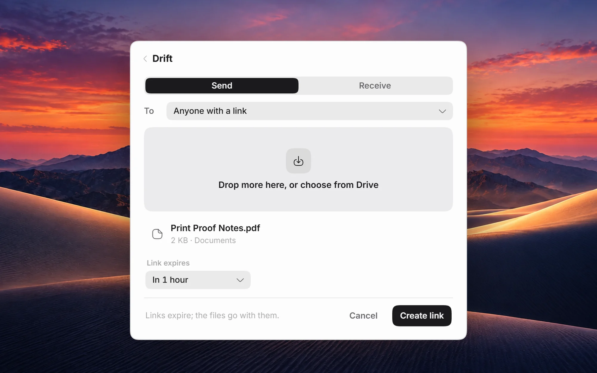 The Drift send panel: a PDF ready to go to anyone with a link, lasting an hour, and Create link.