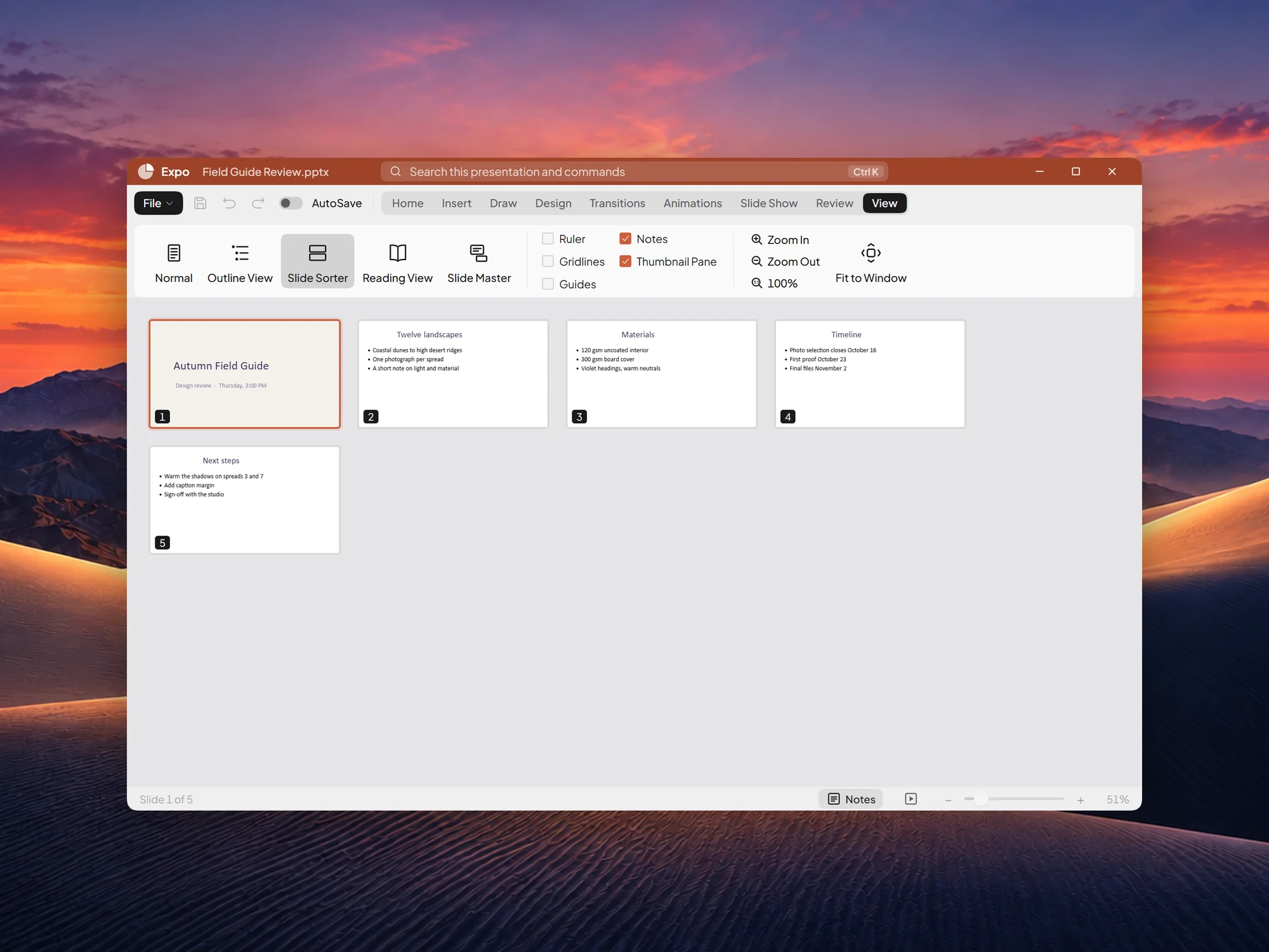 The slide sorter in Expo: five slides of a design review, side by side.