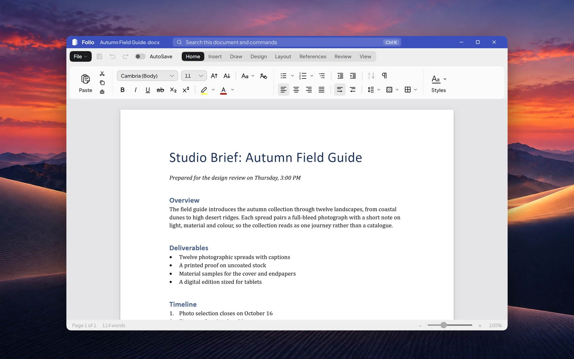 Folio with a design brief open: a title, headings, a bulleted list and paragraphs on a white page.