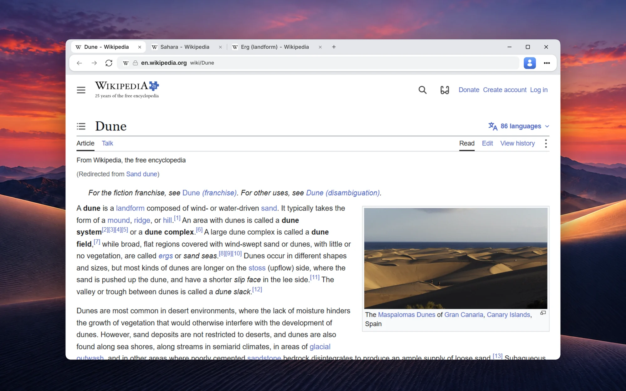 Polaris Browser with three tabs along the top and a Wikipedia article open, flush to the window.