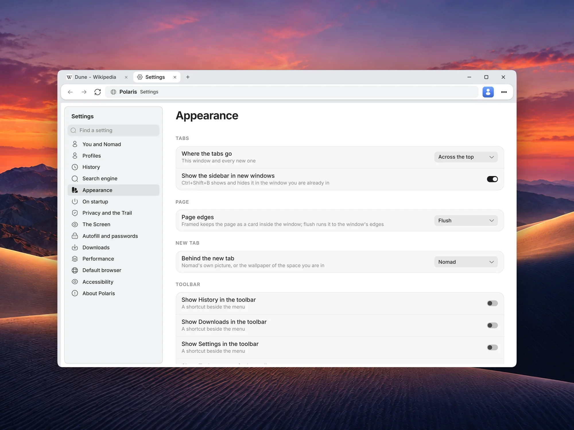 Polaris Settings, Appearance: where the tabs go, page edges set to Flush, and the toolbar buttons.