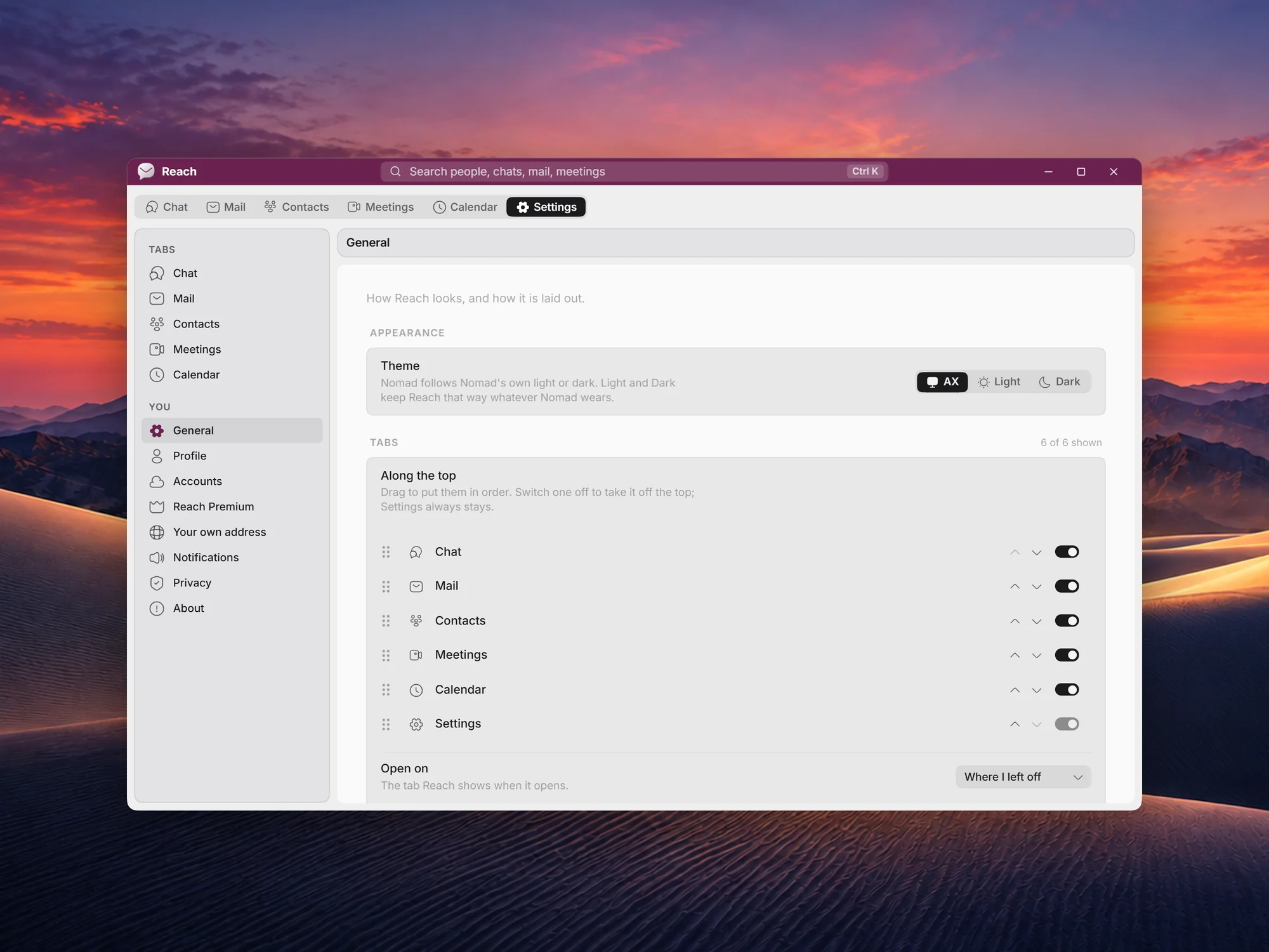 Reach Settings: the theme, and the tabs along the top, each one switched on.